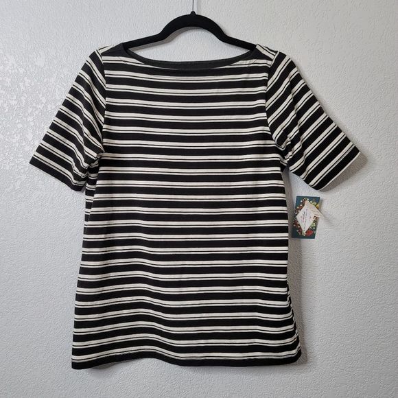 Universal Standard Tops - Universal Standard 2/3 short sleeve stretch stripe boat neck tee shirt black